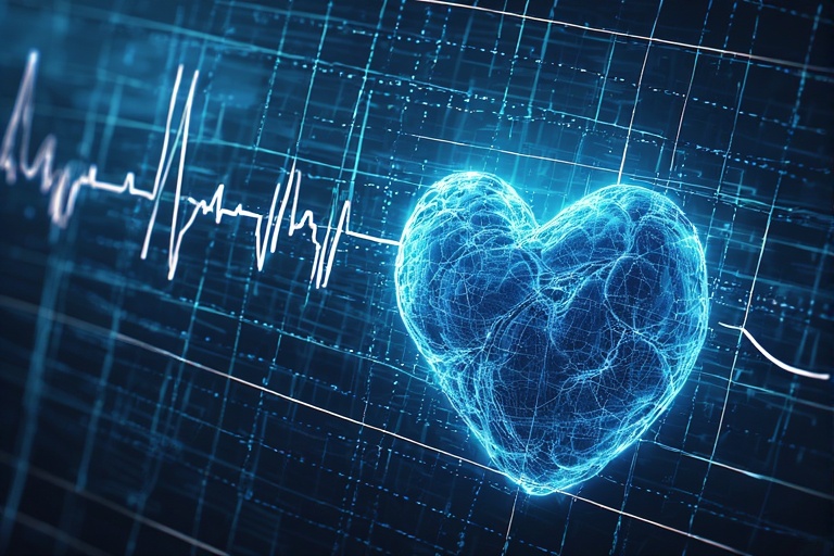 Glowing blue wireframe heart with ECG trace in the background