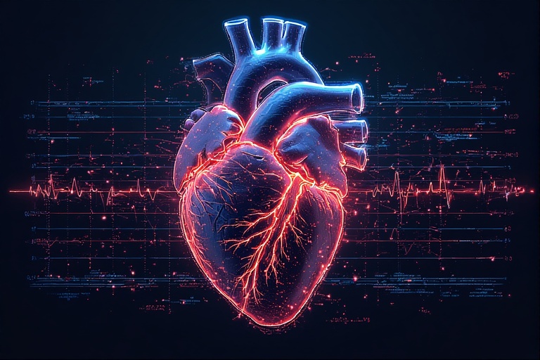 Vivid, neon red and blue anatomical heart with glowing data points