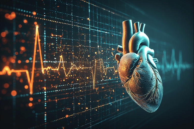 Detailed digital heart model with a bright orange ECG signal overlay